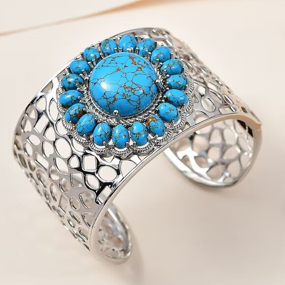 Genuine Mojave Blue Turquoise Gemstone Cuff Bracelet in Platinum Bond NWT - Picture 2 of 6